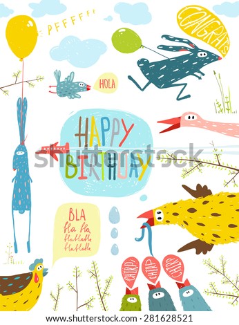 Brightly Colored Fun Cartoon Animals Happy Birthday Greeting Card. Bizarre countryside baby animals illustration for children. Vector EPS10.