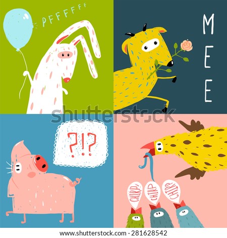 Bright Cartoon Farm Animals Square Greeting Cards. Amusing vivid baby animals illustrations for kids. Vector EPS10.