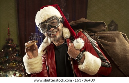 Bad Santa with gift bag smoking cigar