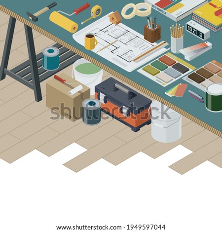 DIY and interior design: home renovation project, isometric tools and architect desk, 3D illustration