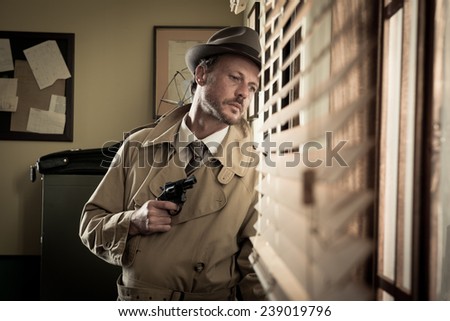 Attractive spy agent peeking from an office window, film noir.