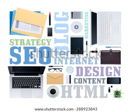 Seo and copywriting text concepts on a business work desktop with laptops, paperwork and other objects, top view, white background