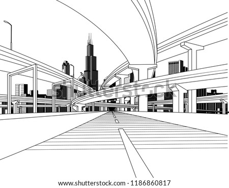 Highway overpass road bridges and city skyline. Modern urban life conceptual linear drawing. Vector illustration. 