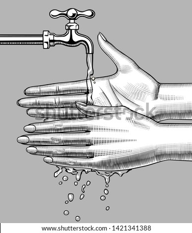 Female hands under a stream of water running down from a tap. Vintage engraving stylized drawing. Vector illustration