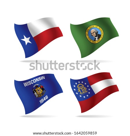 Set of waving flags of the USA states and territories isolated on white. Flags of Texas, Washington, Wisconsin and Georgia states. Vector illustration