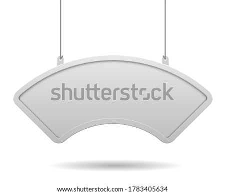 Hanging cambered white signboard in a frame on a white background. Vector illustration