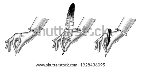 Female hands hold a nib, pencil and fountain pen. Retro design element. Vintage engraving stylized drawing. Vector illustration