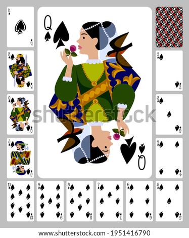 Playing cards of Spades suit and back in funny flat style. Vector illustration