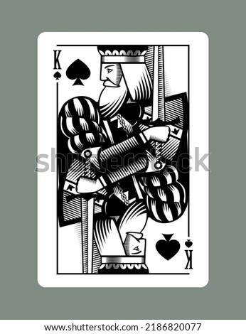 King playing card of Spades suit in vintage engraving drawing style. Vector illustration
