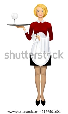 Young blonde waitress in uniform with a napkin and notebook in her hand holding a round tray with an empty glass of wine isolated on white. Vector illustration