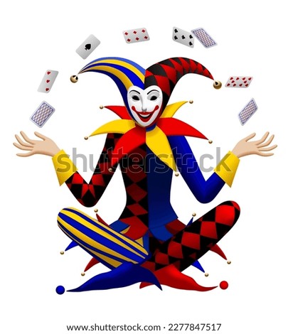 Sitting cross-legged Joker juggles with playing cards isolated on white. Three dimensional stylized drawing. Vector illustration