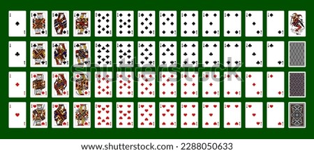 Full set of playing cards with Joker and back sides on green background. Original design. Vector illustration