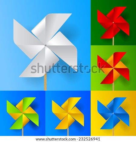 Multicolored toy paper windmill propeller set on backgrounds of different colors. Vector illustration