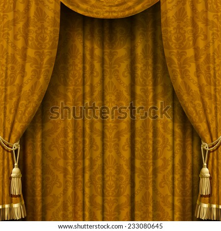 Vector image of golden curtain with Baroque ornament. Square theater background. Artistic poster