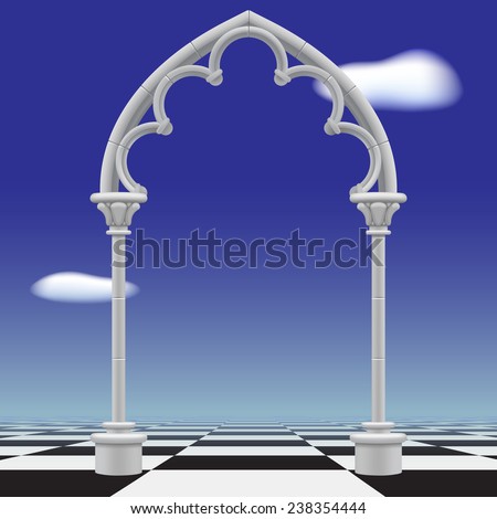 Gothic arch against a blue sky background and checkerboard floor. Vector illustration