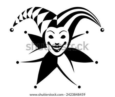 Black and white contrasting drawing of head of smiling Joker of playing cards isolated on white. Vector illustration in flat design style