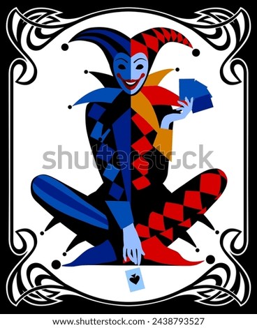 Colorful Joker in flat style sitting cross-legged with playing cards in Art Nouveau style black frame on white background. Vector illustration