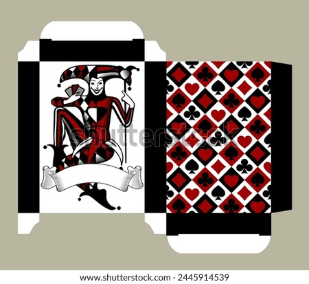 Playing cards tuck box template with Joker and ribbon banner in vintage engraving style and with background with playing card suit symbols. Vector illustration.