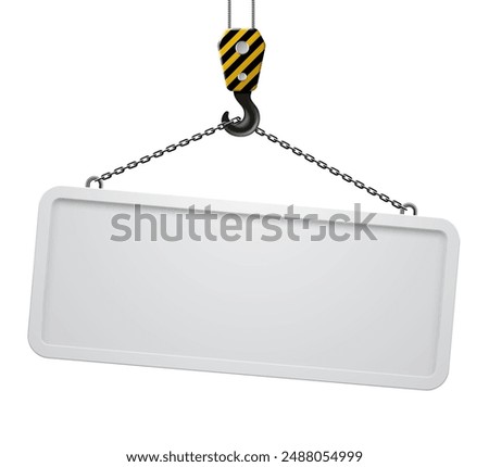 A white framed long signboard panel suspended from the modern hook of a lifting construction crane on a chain isolated on white. Vector illustration in 3D style
