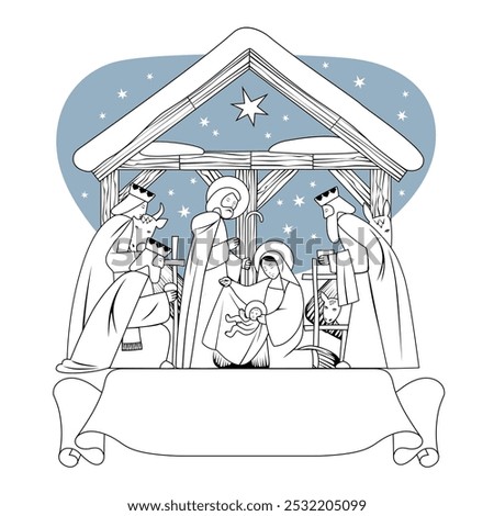 Scene of the Nativity of Christ and Adoration of the Magi and ribbon banner in black and white linear style. Vector illustration