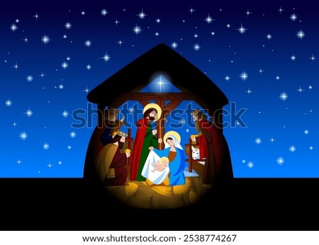 Illuminated silhouette of the Christmas scene of the Nativity of Christ and the adoration of the Magi against the background of the night starry sky. Vector illustration