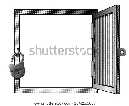 A square window with an open metal grating with a padlock isolated on white. Vector conceptual illustration in vintage black and white engraving style