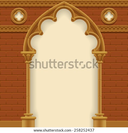 Stone gothic arch and wall. Antique architecture frame.  Vector Illustration