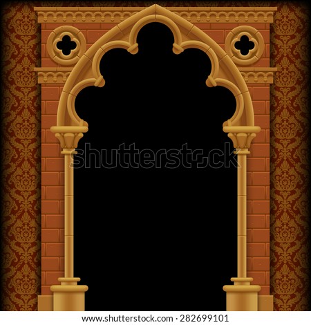 Stone Gothic gate and wall on classic background. Vintage architecture frame.  Vector Illustration