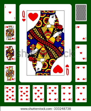 Playing cards of Hearts suit and back on green background. Faces double sized. Original design. Vector illustration