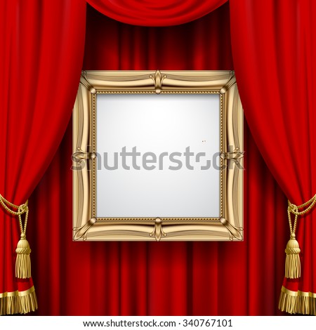 Suspended gold frame on the red curtain background. Square presentation artistic poster and placard. Vector illustration