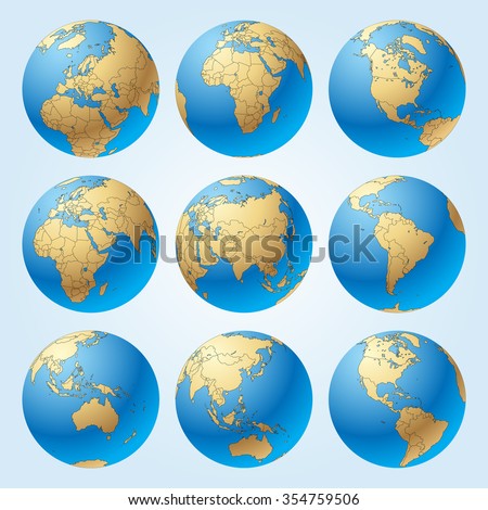 Globe set with with borders of world countries. Easy to select every country and delete contour of borders. Vector illustration