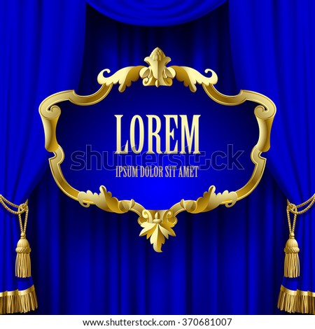 Suspended decorative gold baroque frame on the blue curtain background. Square presentation artistic poster and placard. Vector illustration