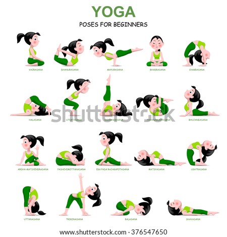 Cartoon girl in Yoga poses with titles for beginners isolated on white background. Yoga Poses Infographic Elements with captions. Vector illustration.