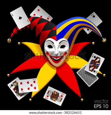 Joker Head With Playing Cards Isolated On Black. Three Dimensional ...