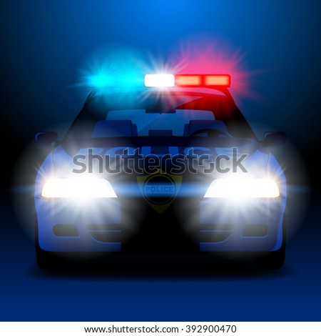 Police car in night with lights in frontal view. Vector illustration