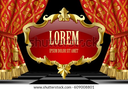 Suspended decorative gold gold baroque frame on the red curtain background. Square presentation artistic poster and placard. Vector illustration