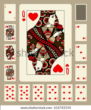 Playing cards of Hearts suit in vintage style. Original design. Vector illustration
