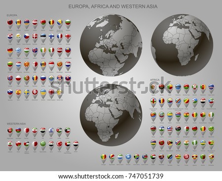 Globes with Europe, Africa and Western Asia with borders of Sovereign states and map marker set with state flags of continents with captions in alphabet 
order. Vector illustration