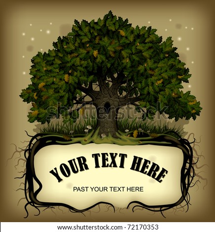 Vector old-fashioned banner with fairy-tale rooted oak tree