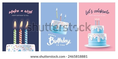 Happy Birthday celebration typography design with 3d birthday cake for greeting card, poster or banner. Vector illustration