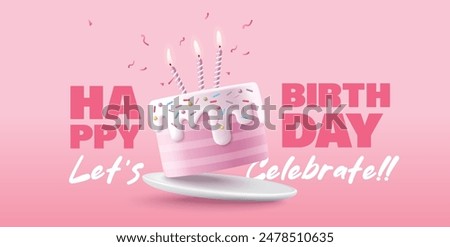 Happy Birthday celebration typography design with 3d birthday cake for greeting card, poster or banner. Vector illustration