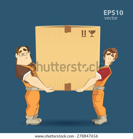 Transportation and delivery company illustration. Two workers mover man holding and carrying big heavy carton cardboard box. 3d color vector creative concept with characters.