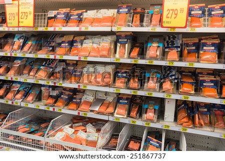 showcase in the supermarket red fish salmon trout February 2015 Russia Moscow
