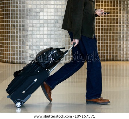 Businessman holding luggage and using mobile phone