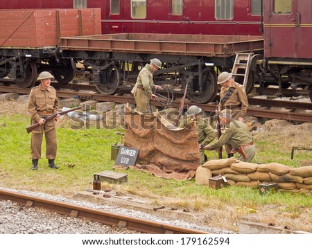 YORKSHIRE, UK - SEPT 14 -Re-enactment of bomb disposal at Bolton Abbey steam railway, Yorkshire, UK, 14th September 2013, 1940\'s Weekend.