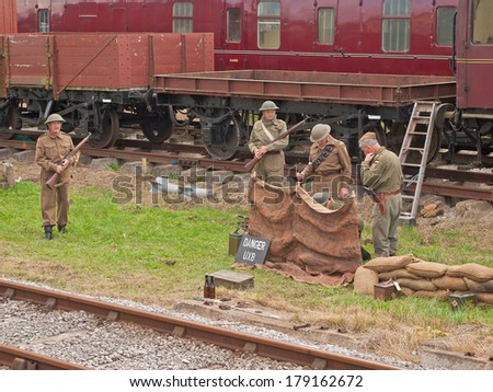 YORKSHIRE, UK - SEPT 14 Re-enactment of bomb disposal at Bolton Abbey steam railway, Yorkshire, UK, 14th September 2013, 1940\'s Weekend.