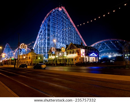 The Big One roller coaster ride illuminated for the Blackpool illuminations 2014, Blackpool, Lancashire, UK