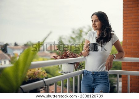 Image, Stock Photo Woman standing on balcony looking over the ocean