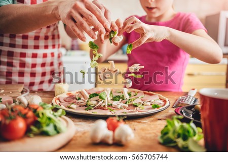 Similar – Foto Bild Hausgemachte Pizza auf hellem Tisch mit Nudelholz und Zutaten, Ansicht von oben