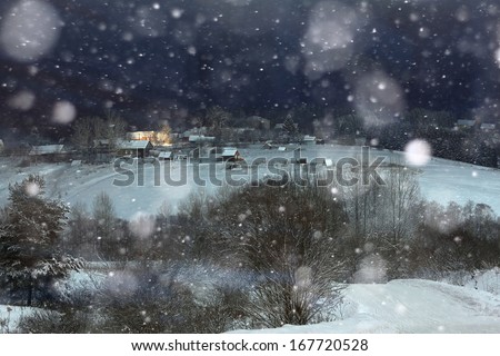 Night Snow Village Christmas snowfall